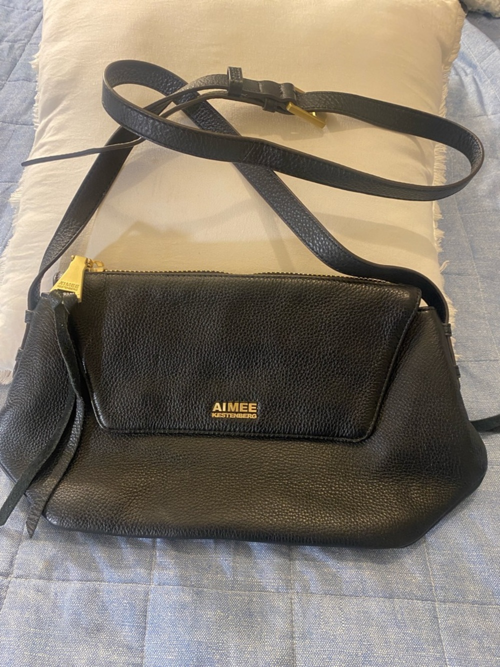 Aimee Kestenberg Black Pebbled Leather Flap Crossbody with Gold Accents